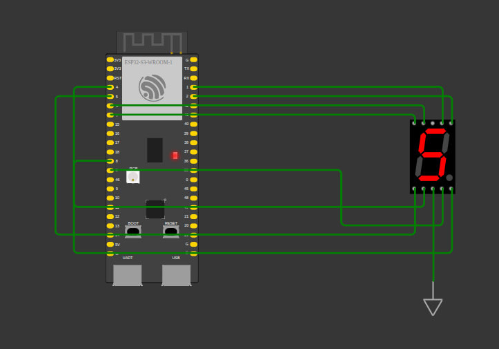 A seven-segment display wired to an ESP32-S3 in Wokwi, with each segment pin connected to a GPIO.